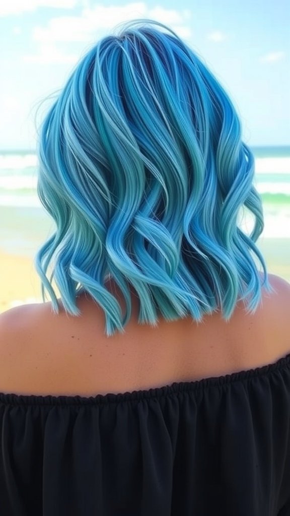 Shoulder-length hair styled in ocean blue balayage with soft waves.