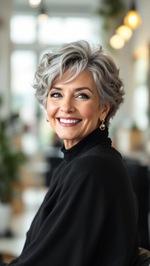 A woman with a short stacked bob hairstyle, showcasing tight curls, smiling confidently.