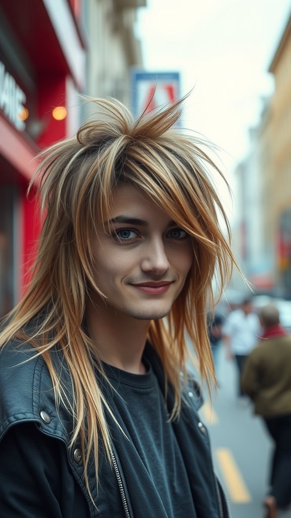A model with a long shaggy mullet hairstyle, featuring layers that frame the face, standing in an urban setting.