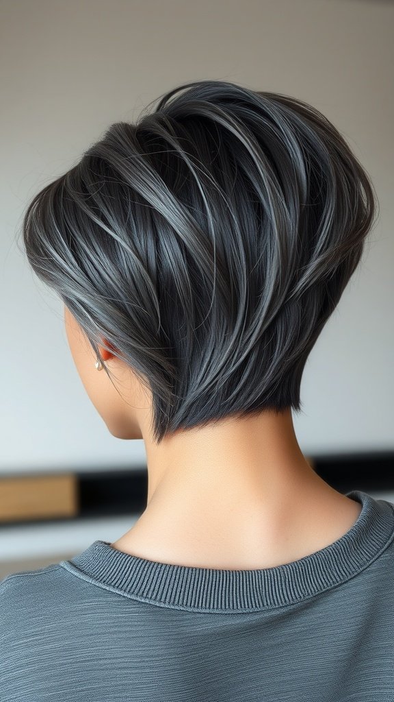A stylish haircut featuring charcoal gray hair with a money piece highlight.