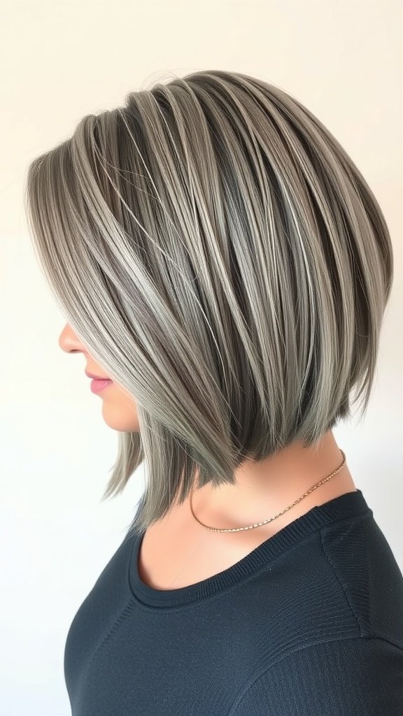 A stylish angled bob hairstyle with long side bangs, showcasing beautiful gray tones.