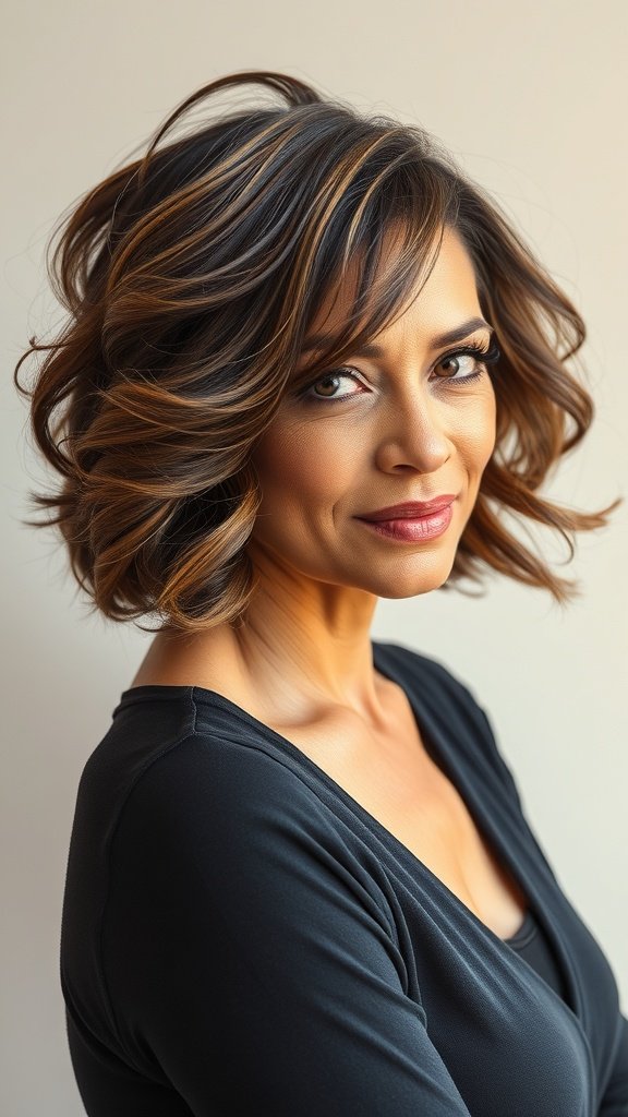 A woman with an angled curly bob hairstyle featuring loose curls, showcasing a modern and elegant look.