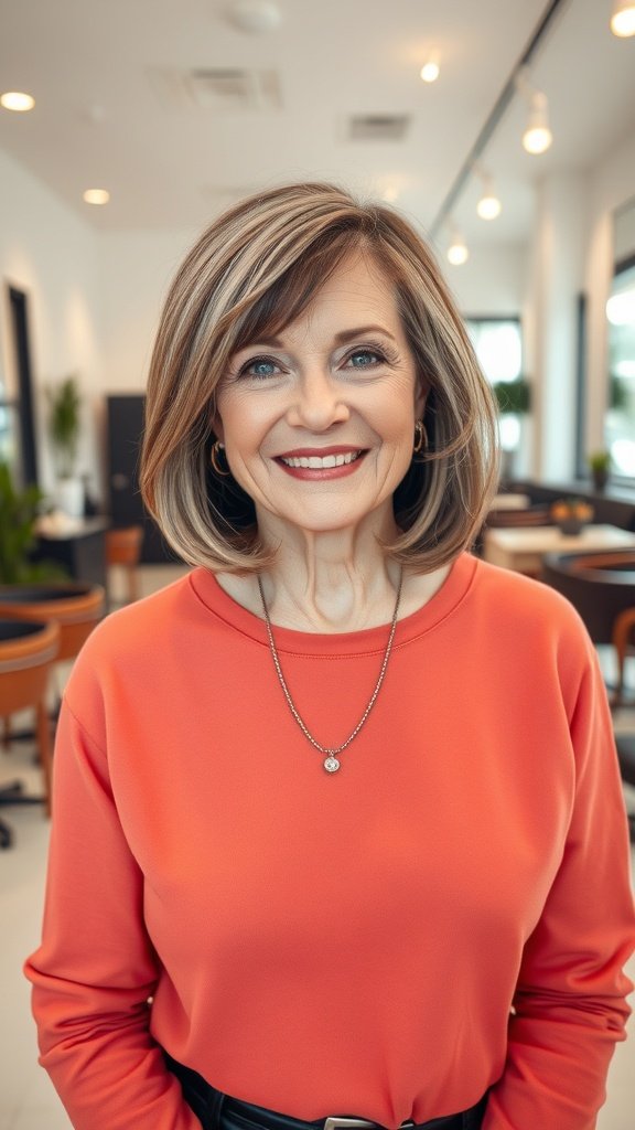 A woman with an angled lob hairstyle and long side bangs, smiling in a modern setting.