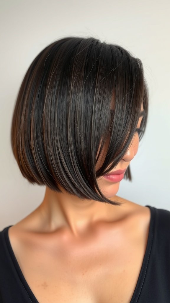 A woman with an angled straight bob hairstyle featuring side-swept bangs.