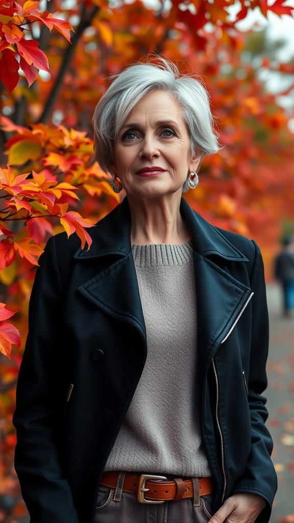 A stylish older woman with an asymmetric wedge cut hairstyle, wearing a black jacket and standing in front of colorful autumn leaves.