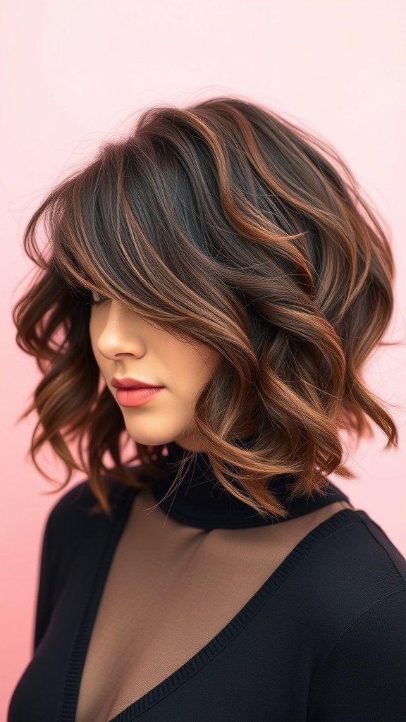 A woman with an asymmetrical curly bob hairstyle featuring a deep side part, showcasing soft curls and highlights.