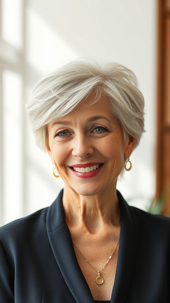 A woman with an asymmetrical wavy pixie hairstyle, smiling and looking stylish.