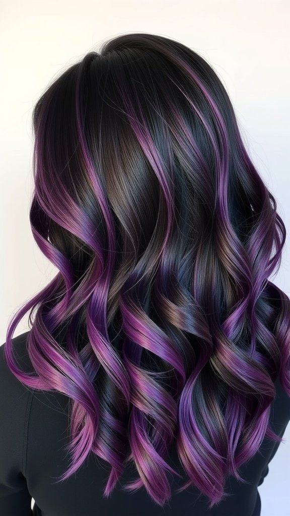 A hairstyle featuring a blend from black cherry to vibrant violet, showcasing soft waves and a striking color melt.