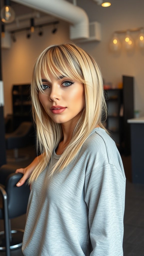A woman with blonde hair and dark roots styled with side-swept bangs, showcasing a trendy hairstyle.