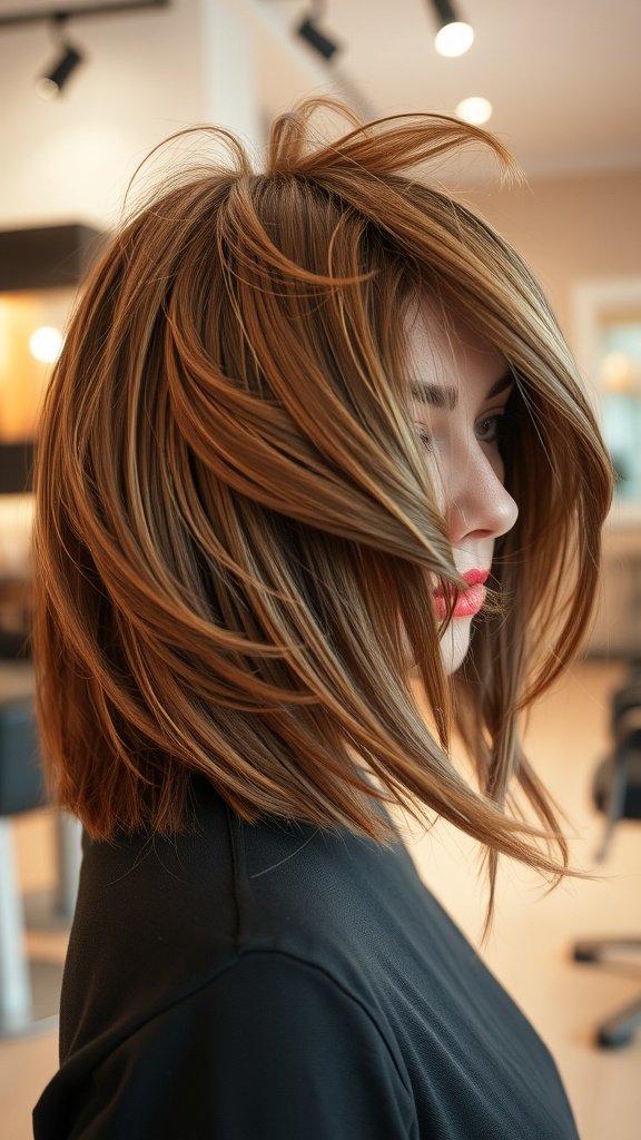 A woman with a feathered bob hairstyle featuring swooping bangs, showcasing volume and flow.