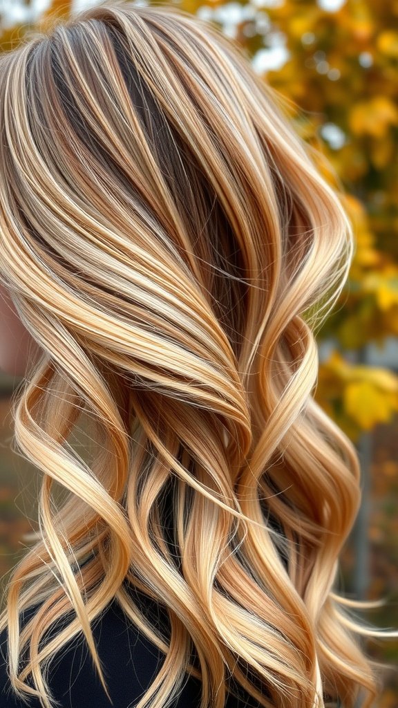 A woman with butterscotch blonde balayage hair styled in soft waves.