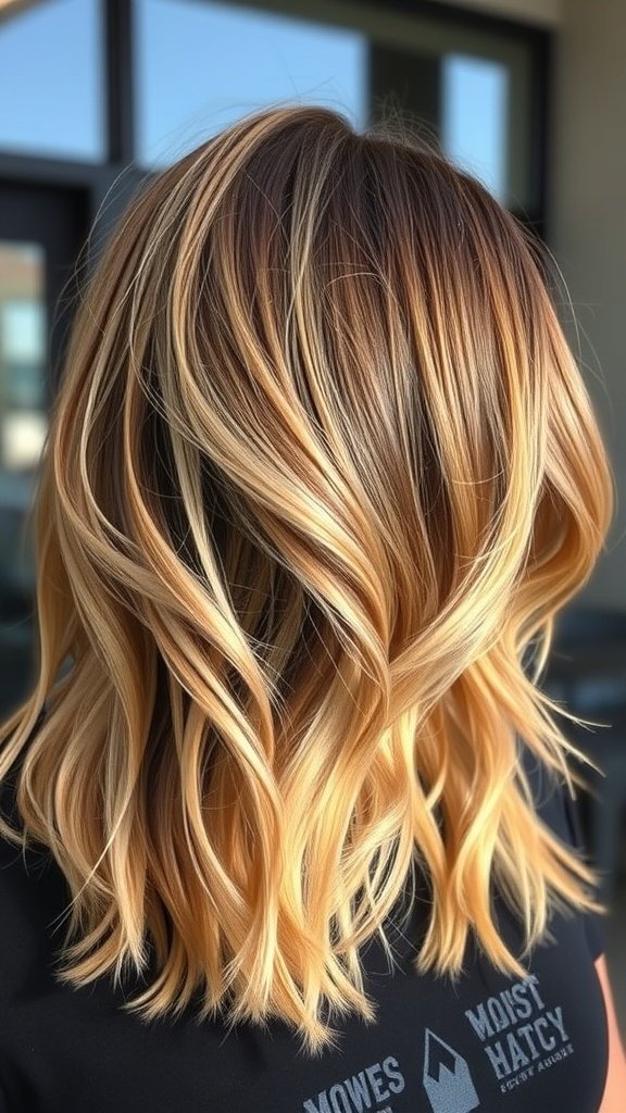 A wavy lob hairstyle featuring caramel and blonde balayage.