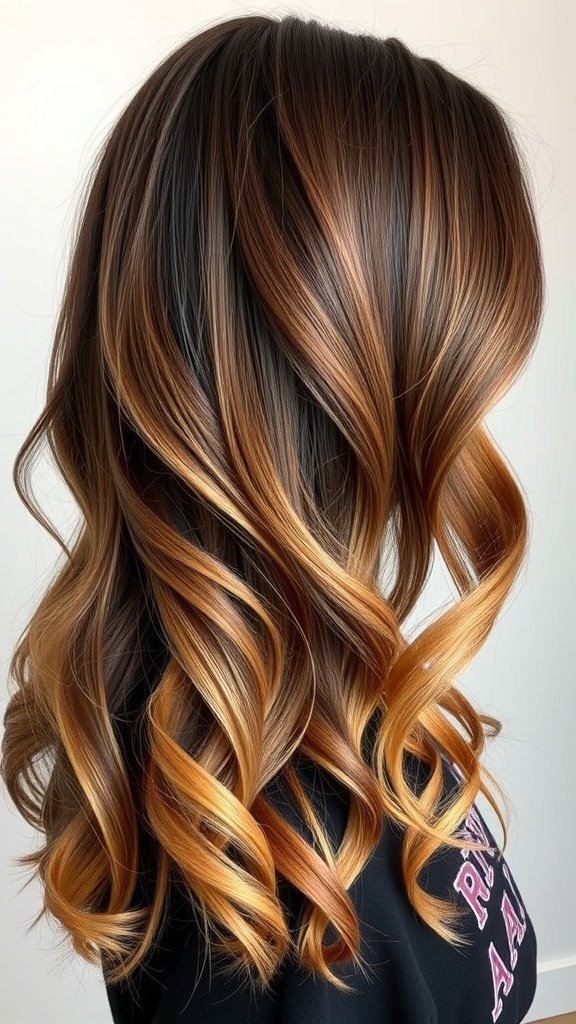 Dark brunette hair with caramel ombre highlights styled in soft waves