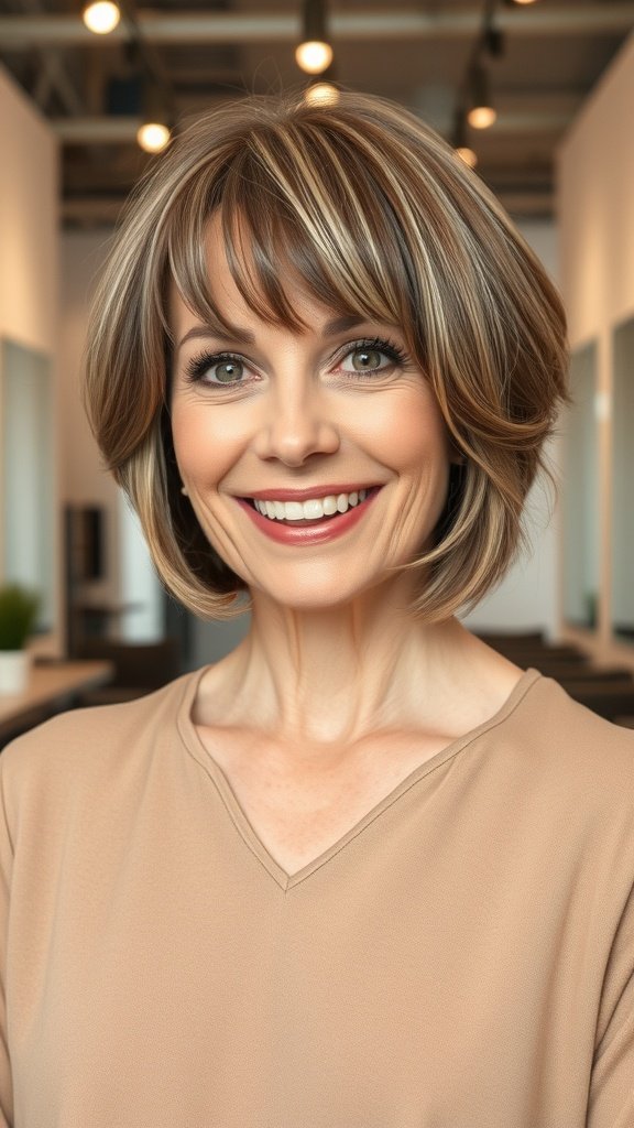 A woman with a chic jaw-length bob hairstyle and curtain bangs, smiling confidently.