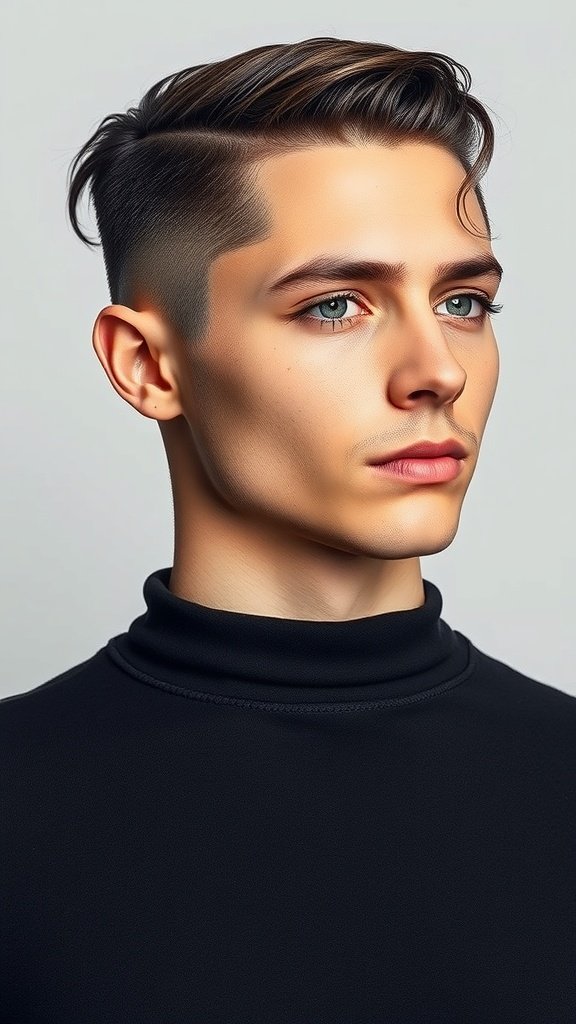 A young man with a stylish chocolate brown undercut hairstyle, showcasing a sleek look.
