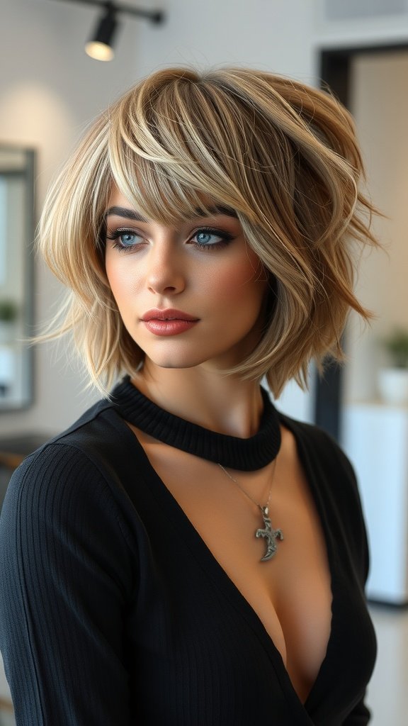 A woman with choppy layered short shag hairstyle, featuring light blonde hair and a stylish black outfit.