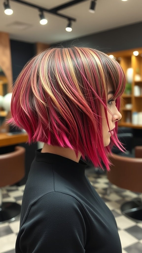 A stylish choppy micro bob haircut with vibrant pink and highlighted strands, featuring a fringe.