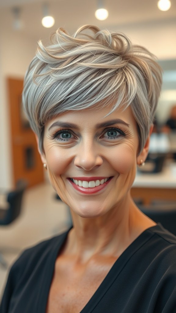 A woman with a choppy pixie hairstyle and undercut, smiling confidently.