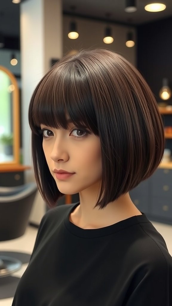 A woman with a classic chin-length bubble bob hairstyle featuring rounded ends, looking stylish and confident.