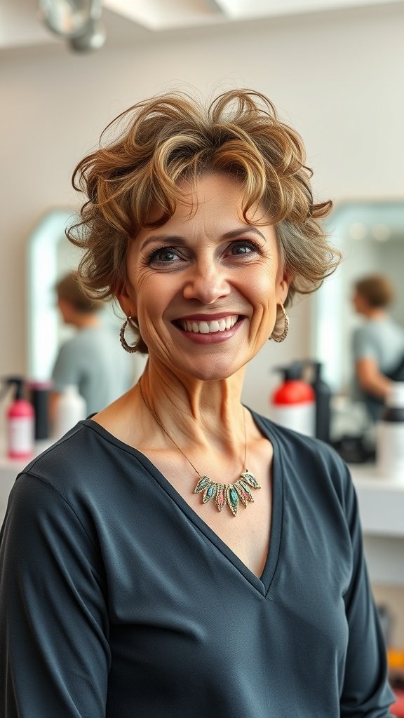 A woman with a classic curly pixie cut, smiling confidently.