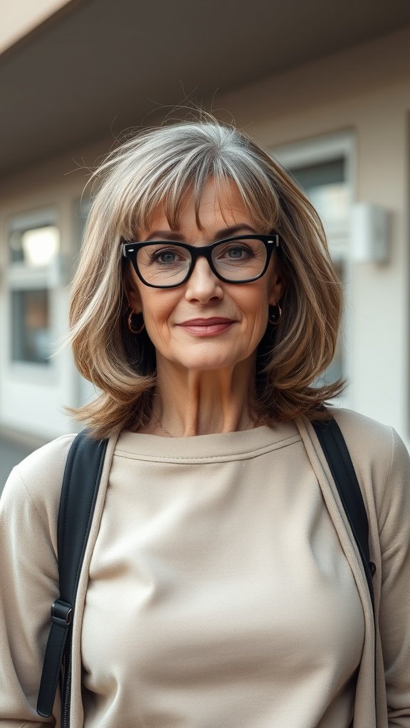 A woman over 50 with a classic shag hairstyle and glasses, showcasing feathered layers.