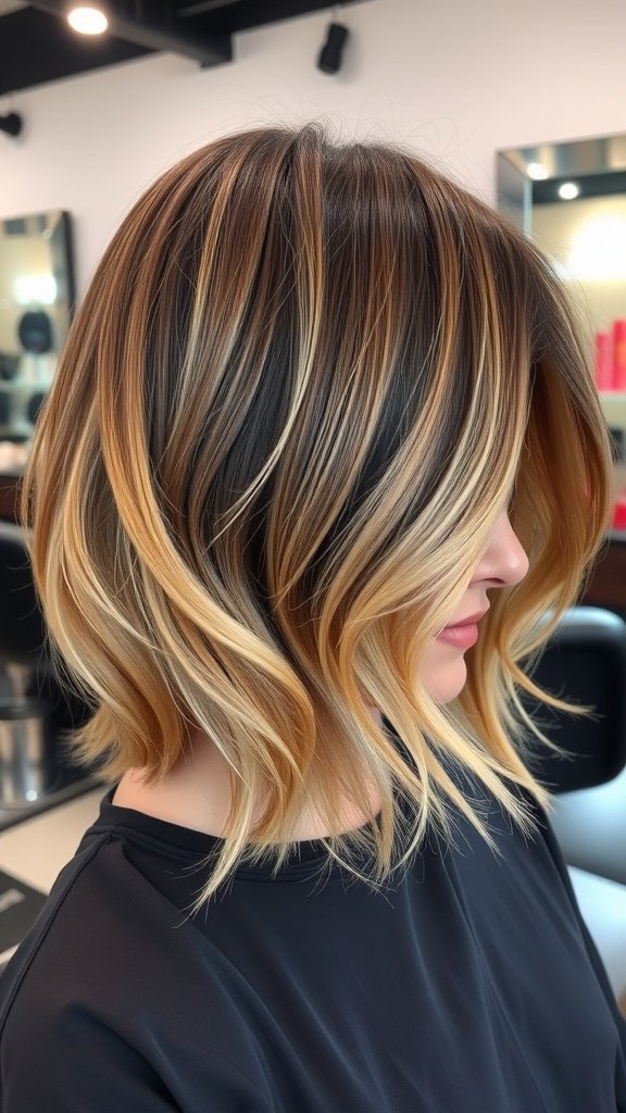 A woman with a classic shoulder-length haircut featuring soft layers and warm highlights.