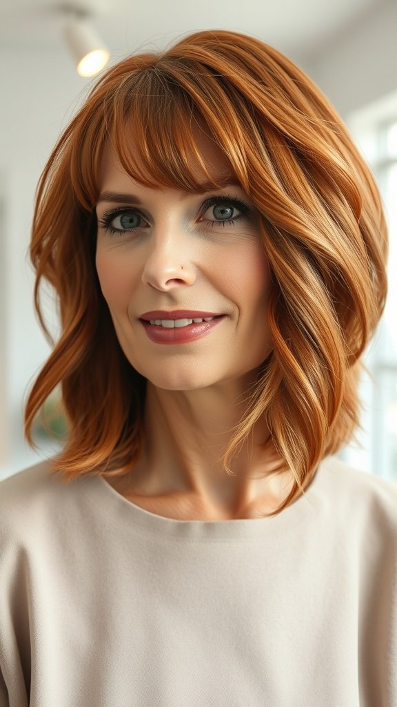 A woman with a copper-toned wavy bob and bangs, showcasing a vibrant and youthful hairstyle.