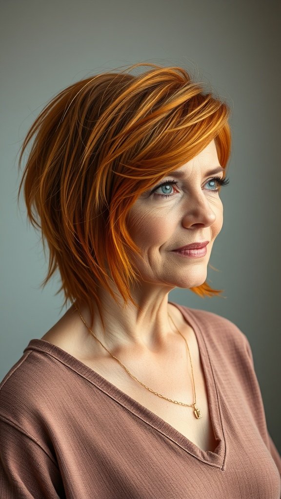A woman with a copper asymmetrical shag cut, showcasing vibrant hair and a stylish look.