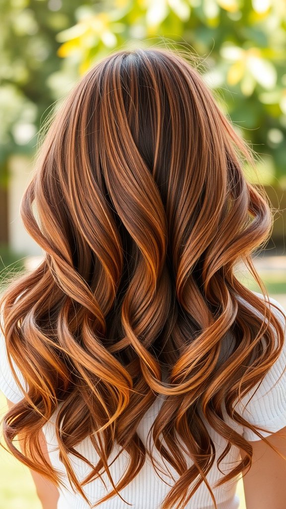 A woman with long, wavy hair showcasing copper foilyage, with vibrant highlights and curls.