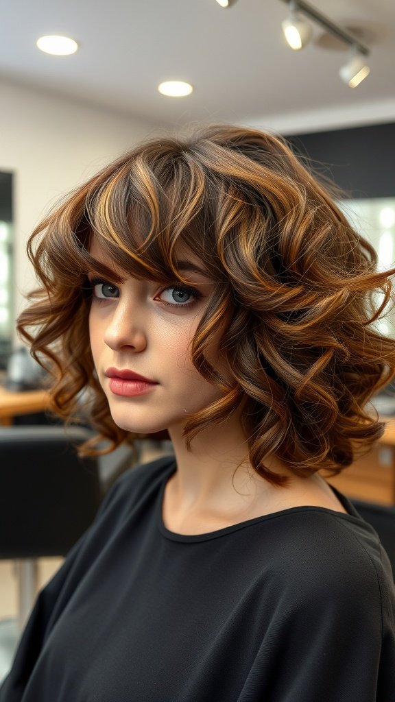 A young woman with curly shag hairstyle and fringe bangs, showcasing a stylish and modern look.