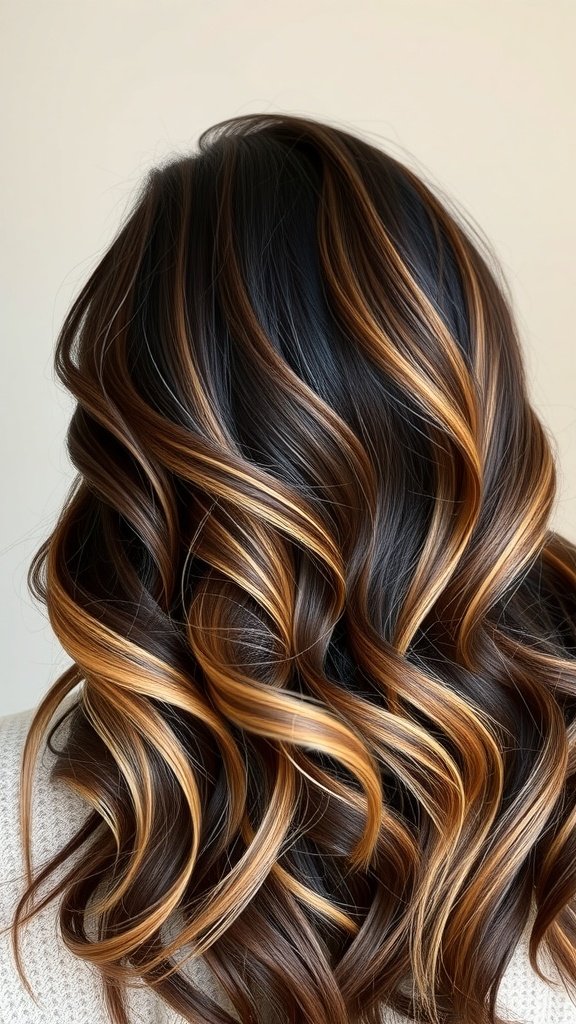 Dark chocolate hair with chunky honey blonde highlights styled in soft waves.