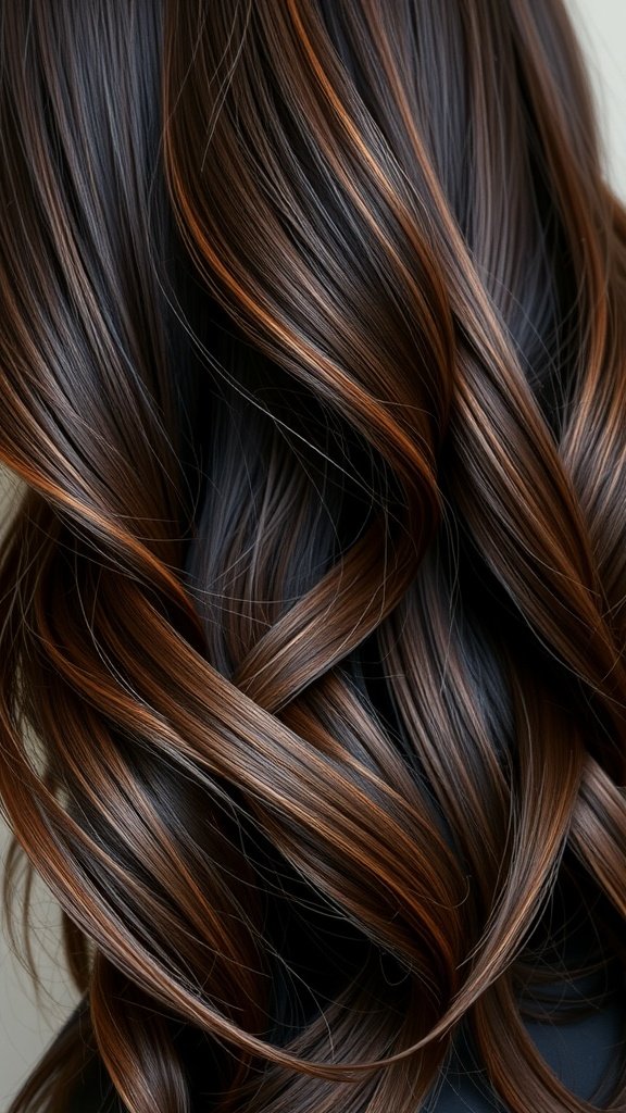 Deep brown hair with rose gold balayage accents, styled in soft waves.
