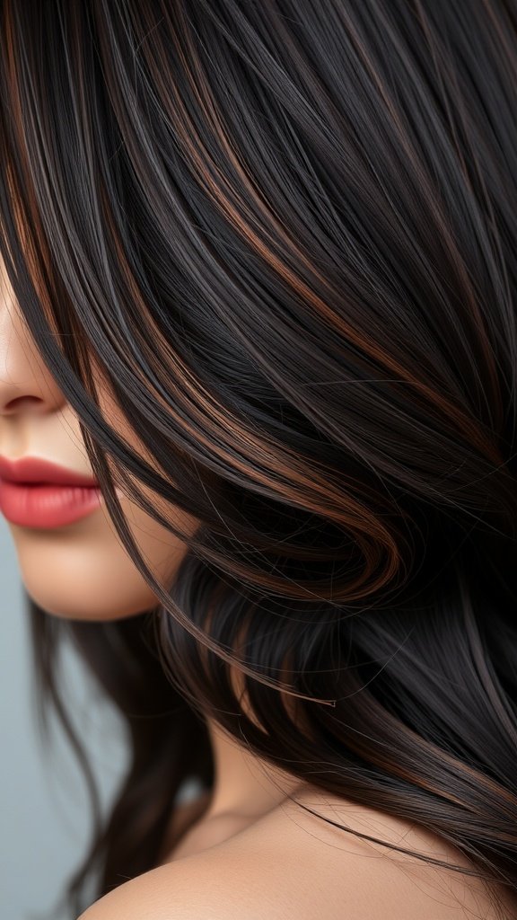 Dark brown hair with rose gold highlights styled in soft waves