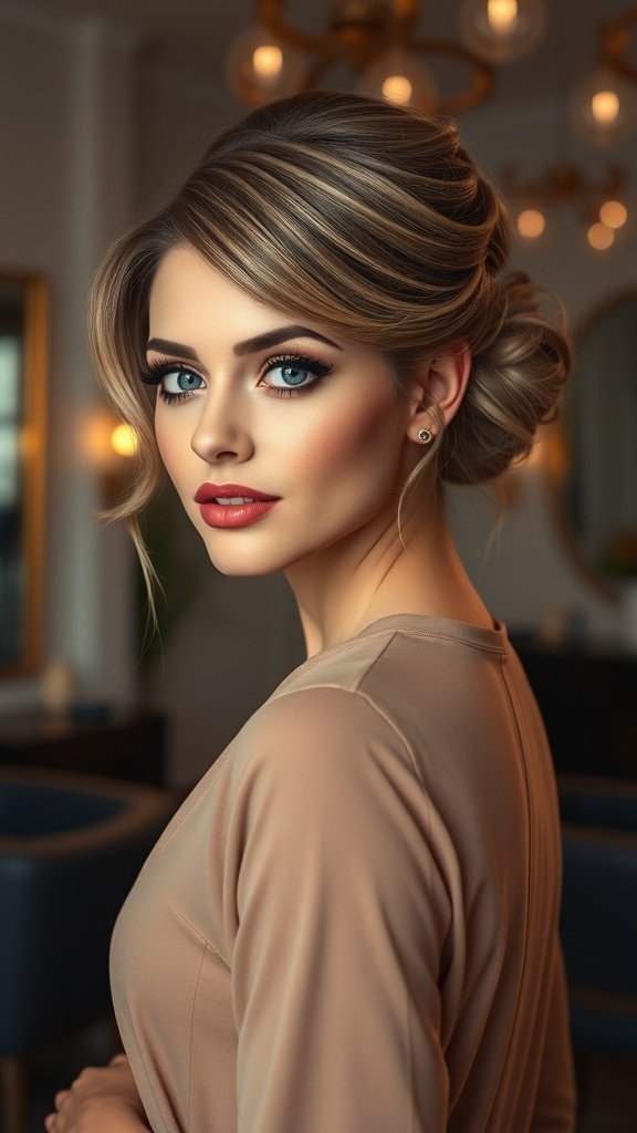 A woman with an elegant updo and soft side-swept bangs, showcasing a sophisticated hairstyle.