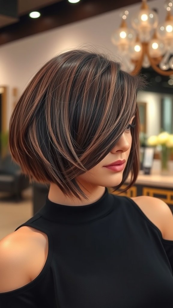 A woman with a feathered micro bob hairstyle featuring a side fringe, showcasing a stylish and modern look.