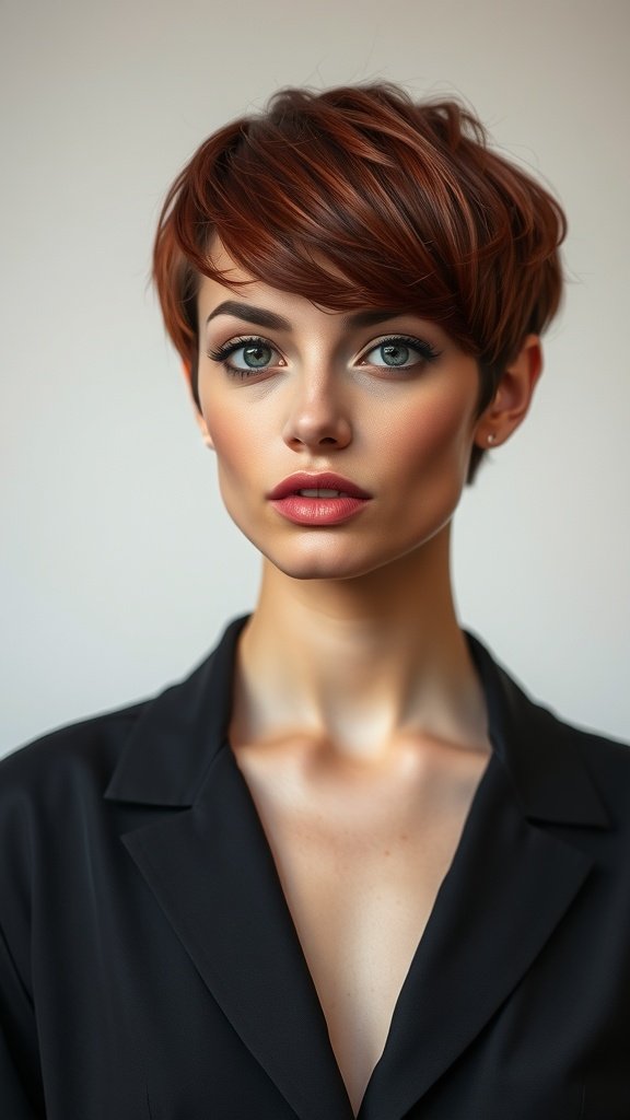 A model with a fiery mahogany pixie cut, showcasing a bold and stylish look.