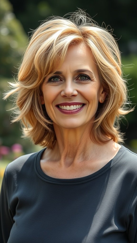 A woman with golden tousled mid-length hair, smiling confidently outdoors.