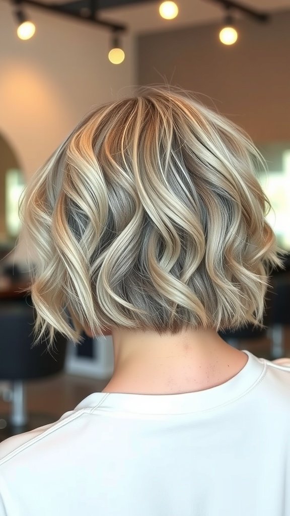 A stylish graduated bob haircut with salt and pepper curls, showcasing a chic and modern look.