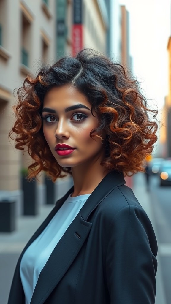 A woman with a graduated curly bob hairstyle, featuring dark roots and lighter ends, standing in a city street.