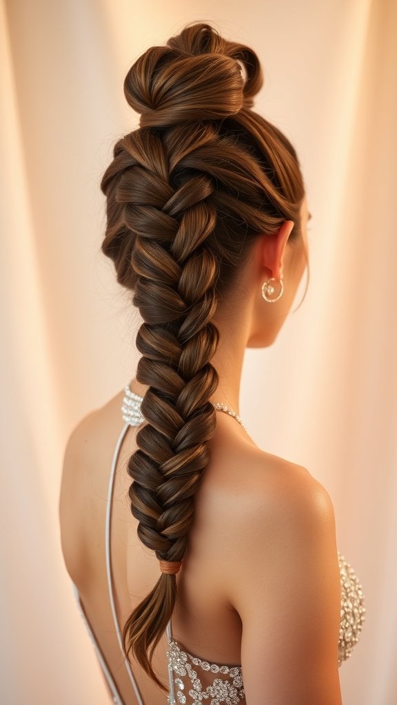 High ponytail with an accent braid, showcasing a stylish and elegant prom hairstyle.