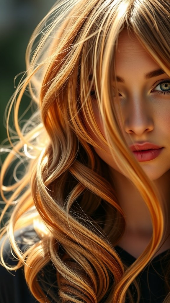 A close-up of a person with honey blonde hair featuring auburn lowlights, styled in soft waves.