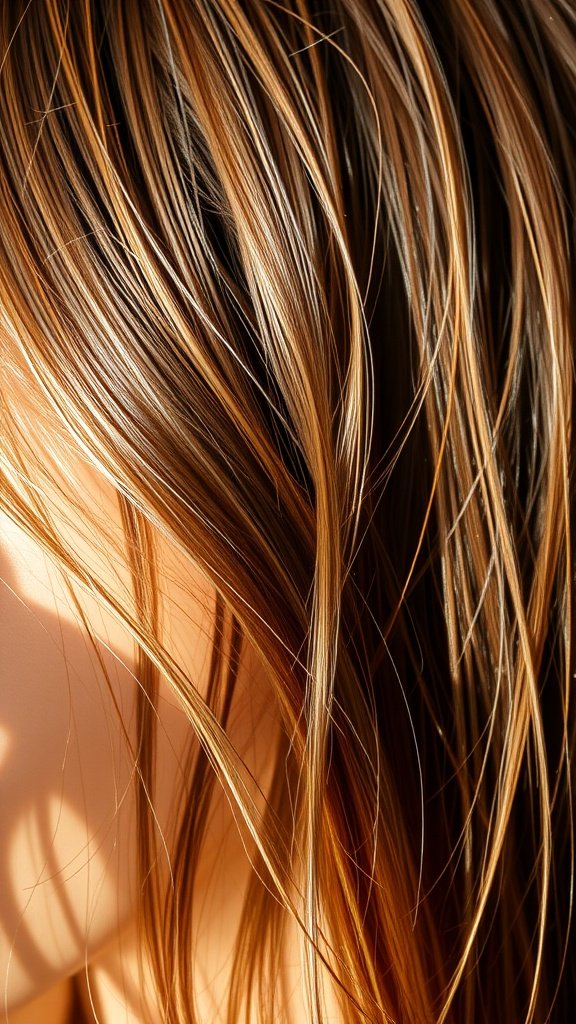 Close-up of hair with honey highlights on bronzed brown hair