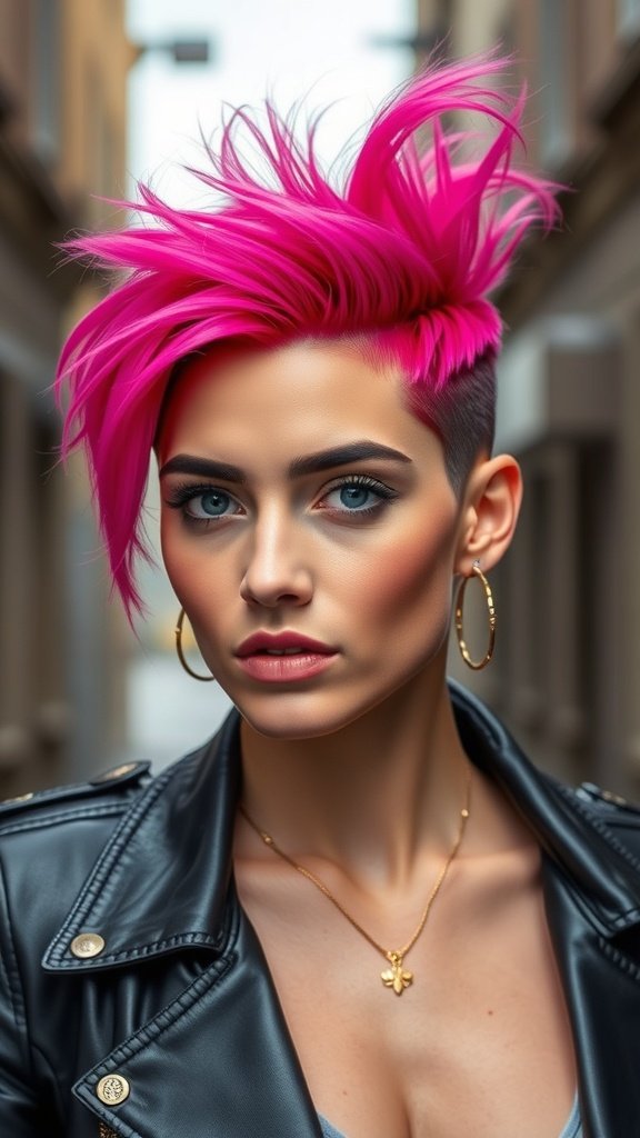 A person with a hot pink undercut hairstyle, featuring vibrant pink hair on top and a shaved undercut, wearing a leather jacket.