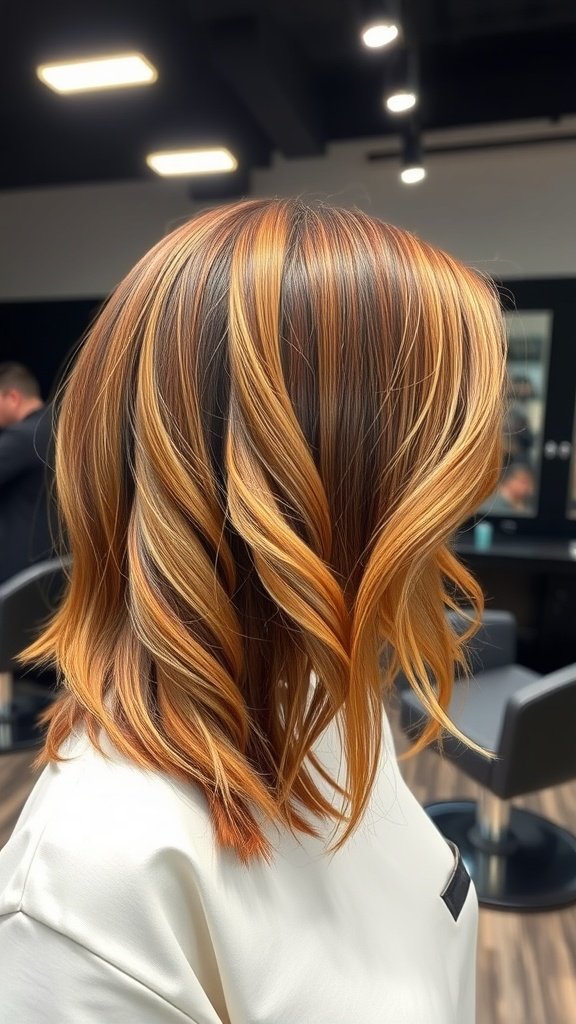Inverted long bob hairstyle with copper tones