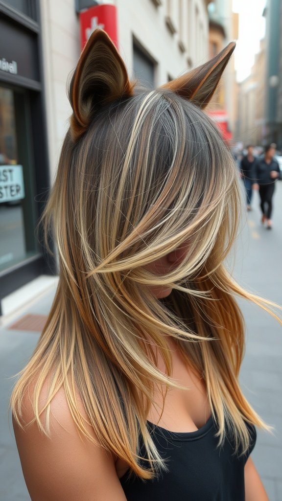 A woman with a Long-Front Wolf Cut hairstyle, featuring playful ear-like accents and flowing hair.