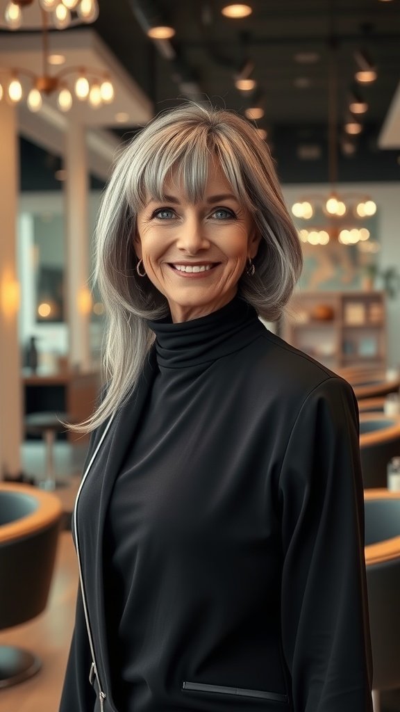 A woman with long gray hair styled in layers and curtain bangs, smiling in a modern setting.