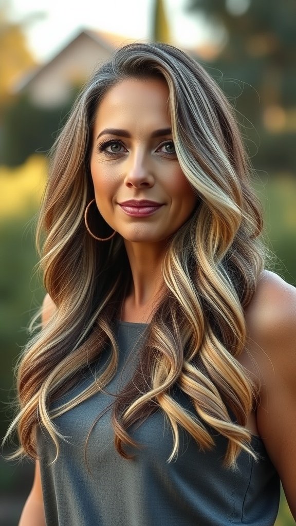 A woman with long wavy hair featuring subtle highlights, wearing a casual outfit and smiling.