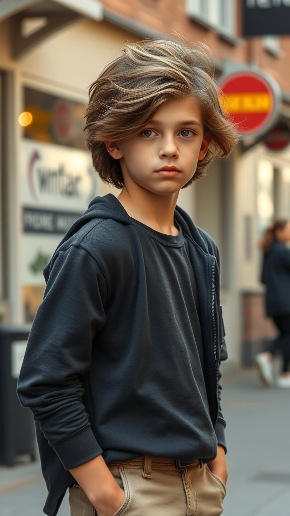 A young boy with medium-length wavy hair, wearing a black hoodie, standing on a city street.