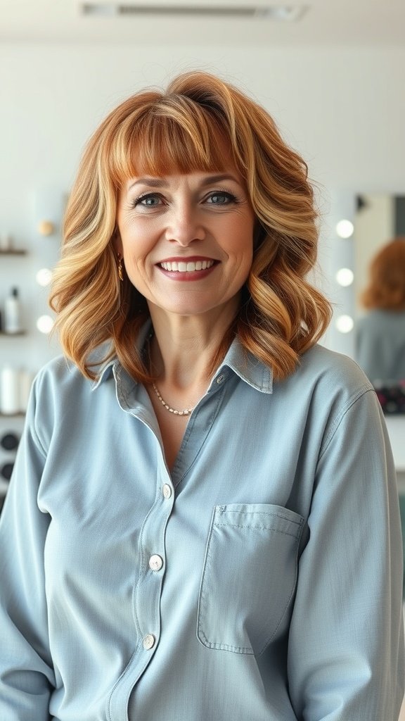A woman with medium wavy hair and blunt bangs, smiling in a stylish outfit.