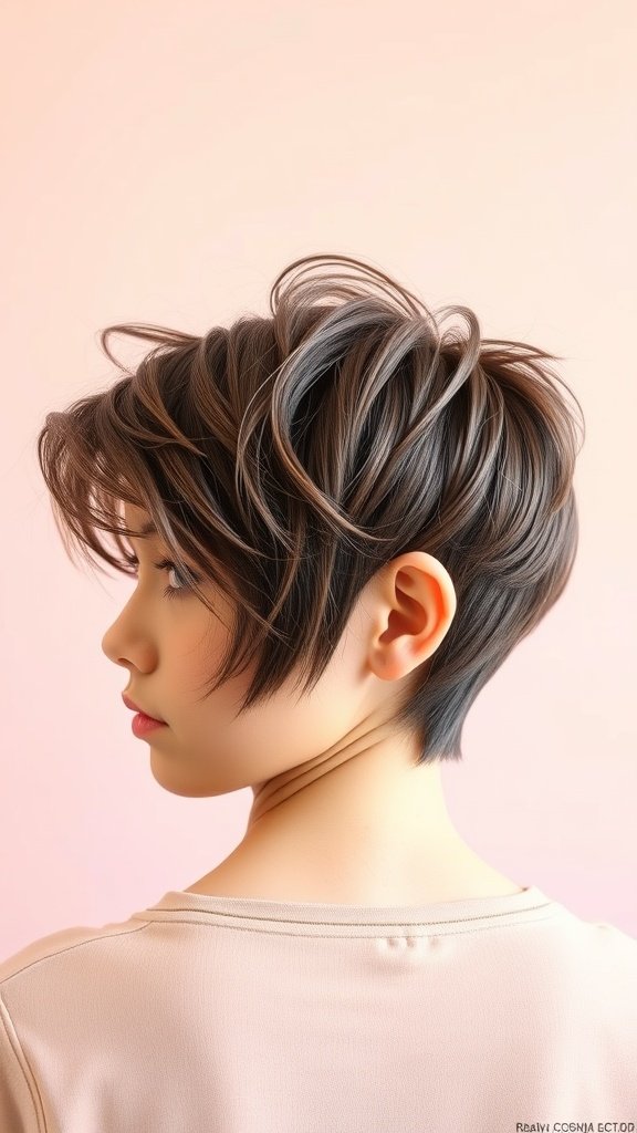 A woman with a messy pixie haircut featuring asymmetrical side bangs, showcasing a playful and trendy hairstyle.